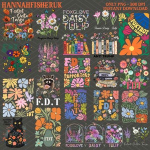 May include: A digital collage of 16 different designs featuring colourful flowers, a raccoon, books, and the text "F.D.T." and "Foxtrot Delta Tango".
