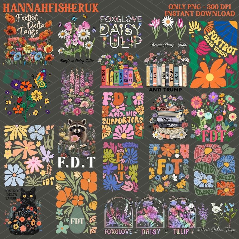 May include: A digital collage of 16 different designs featuring colourful flowers, a raccoon, books, and the text "F.D.T." and "Foxtrot Delta Tango".