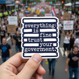 Może przedstawiać: Biała i granatowa naklejka z napisem "everything is fine trust your government" trzymana przed tłumem ludzi maszerujących na ulicy miasta.