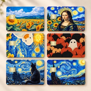 May include: Six rectangular credit card skins featuring artistic designs: a sunflower field, a portrait of a woman in a sunflower field, a duck in a starry night sky, a ghost among pumpkins, a black cat looking at a starry night, and a starry night landscape.