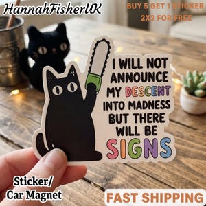 I Will Not Announce My Descent Into Madness But There Will Be Signs Sticker/ Magnet, Funny Black Cat Sticker, Mental Health Sticker