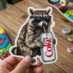 May include: A sticker featuring a raccoon wearing sunglasses and drinking from a Diet Coke can. The raccoon is brown and white with black sunglasses. The Diet Coke can is silver with red text. The sticker is held by a hand.