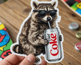 Pegatina de mapache con Coca-Cola Light / Pegatina de vinilo de animalito adorable / Calcomanía estética divertida / Mercado de tonterías