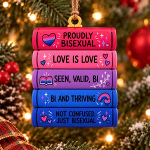 Adorno navideño impreso en 3D con temática del Orgullo Bisexual, decoración navideña del Orgullo Bisexual, regalo para amantes de los libros LGBTQ+, adorno navideño para el árbol de Navidad LGBTQ+