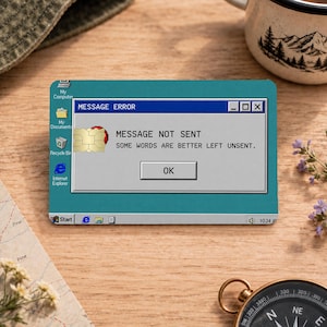 May include: A rectangular credit card skin featuring a retro computer desktop interface in teal. The screen displays a Message Error pop-up window with the text MESSAGE NOT SENT and SOME WORDS ARE BETTER LEFT UNSENT, plus an OK button.