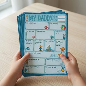 Puede incluir: Un montón de hojas azules para rellenar tituladas "MY DADDY" con ilustraciones temáticas marinas. Las hojas tienen espacios para personalizar información sobre un padre, incluyendo su nombre, edad y cosas favoritas.