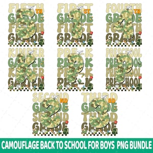 50+Retro Back To School Camouflage Png Bundle, Kindergarten Dude, Pre K Png, First Day Of School Png,Retro First/ Second/ Third Grade Design
