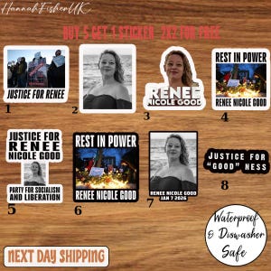 May include: A collection of stickers featuring images of a woman, with text such as "Justice for Renee," "Rest in Power," and "Renee Nicole Good." The stickers are in various shapes and sizes, with a wooden background.