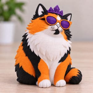 May include: A three-dimensional figurine of a calico cat with orange, black, and white fur. The cat wears a purple crown on its head and orange-framed sunglasses with dark purple lenses. The figure has a textured surface and sits in an upright position.
