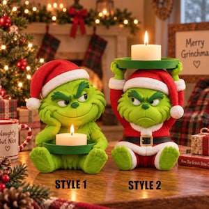 May include: Two green Grinch figurines wearing red and white Santa hats. Style 1 shows the character resting its head on one hand while holding a green tray with a white candle. Style 2 shows the character holding a green tray with a white candle overhead.