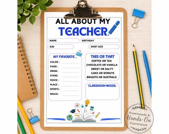 All About My Teacher Printable | Teacher Favorite Things Questionnaire | Teacher Appreciation Gift | Back to School Activity