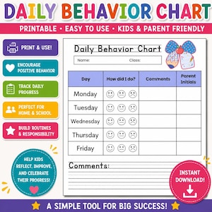 May include: A printable daily behavior chart featuring a table with columns for day, performance ratings using smiley faces, comments, and parent initials. The document includes a header, name and class fields, and a section for additional comments.