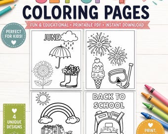 Summer & Back to School Coloring Pages Set; June July August Coloring Sheets