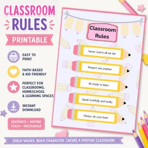 May include: A printable classroom rules poster featuring a light purple background with a yellow pencil pattern. The poster includes a pink header and five yellow pencil-shaped text boxes containing rules: Honor God, Respect, Learn, Speak, and Do your best.