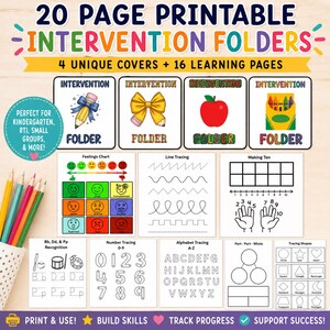 May include: A set of 20 printable intervention folders featuring 4 unique covers with illustrations of a pencil, bow, apple, and crayons, plus 16 learning pages including a feelings chart, line tracing, number tracing, and alphabet tracing.