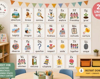 Alphabet Wall Cards Printable | Classroom A-Z Decor | 26 Unique designs Cards | Homeschool ABC Wall Art