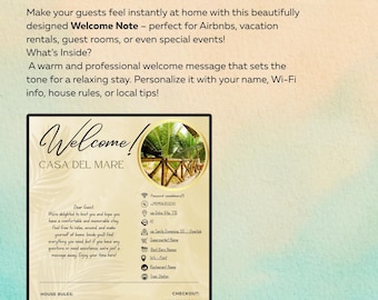 Welcome Guest Note | one page | Airbnb/VRBO Guest Guide (Digital Download, Canva Editable 21x29.7cm )