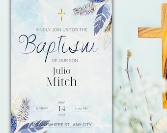 Boy's Baptism Invitation Template: Gold Cross, Blue Leaves (5x7, Digital Download)
