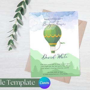 May include: A baby shower invitation with a green hot air balloon design. The invitation includes the text "David's First Party Baby Shower" and event details. The invitation is on a white background with a green and blue watercolor design.