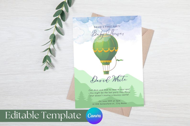 May include: A baby shower invitation with a green hot air balloon design. The invitation includes the text "David's First Party Baby Shower" and event details. The invitation is on a white background with a green and blue watercolor design.