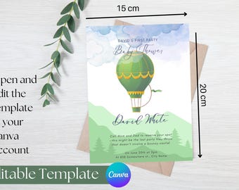 Hot Air Balloon Baby Shower Invitation: Green & Gold (Canva Template - Digital Download)
