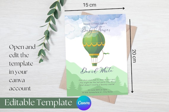 Hot Air Balloon Baby Shower Invitation: Green & Gold (Canva Template - Digital Download)