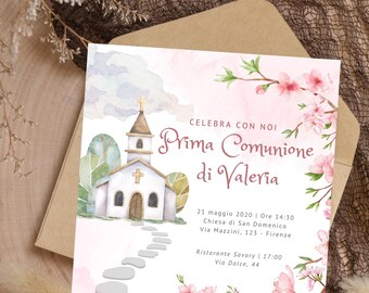 Floral First Communion Invitation: Watercolor Church Design (Digital Canva Template)