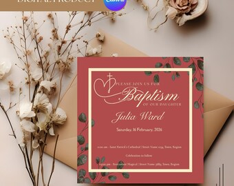 Baptism Invitation Template – Minimalist Burgundy and Green Design – Editable Digital Card - Baby Girl Party -