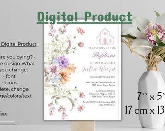 Floral First Communion Invitation: Watercolor Church Design (Digital Canva Template)