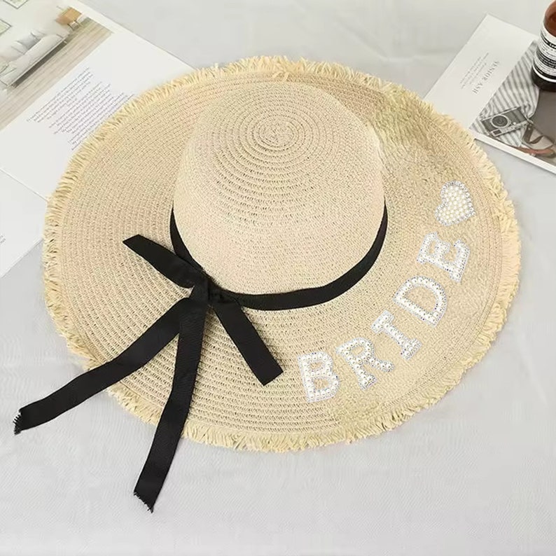 Chapeau de plage perlé personnalisé, Chapeau de mariage perlé personnalisé, Chapeau personnalisé, Chapeau de parasol de plage pour mariée, Lune de miel pour vacances pour célibataire image 7