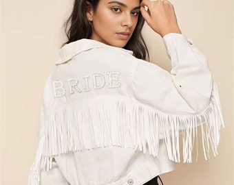 Personalized Fringe Bride Jacket, Bridal Rhinestone Denim Jacket, Pearl Denim Jacket,Bride gift, Wedding Gifts, Bride Jacket