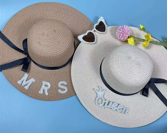 Personalisierter Perlen-Strandhut, personalisierter Perlen-Hochzeitshut, personalisierter Hut, Braut-Strand-Sonnenhut, Single-Party-Urlaubs-Flitterwochen-Hut