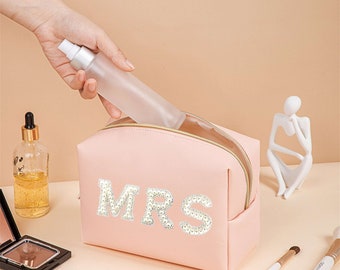 Bolsa de cosméticos grande personalizada, bolsa de maquillaje con letras de perlas, bolsa de maquillaje con nombre personalizado, regalos de damas de honor, bolsa de maquillaje para novia de boda