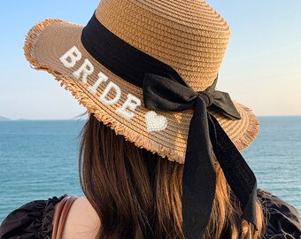 Cappello da spiaggia con perle personalizzato, Cappello da sposa con perle personalizzato, Cappello personalizzato, Cappello parasole da spiaggia per sposa, Luna di miele per vacanze a festa singola