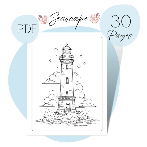 Seascape Coloring Pages For Adults Beach Scene Lighthouse Ship Printable Landscape Coloring PDF Sheets Relaxing Activity Digital Download