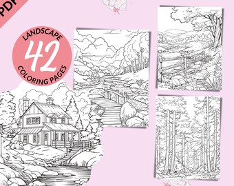 Landscape Coloring Pages Printable Nature Coloring Book For Adults Relaxing Activity Landscape PDF Black And White Coloring Digital Download