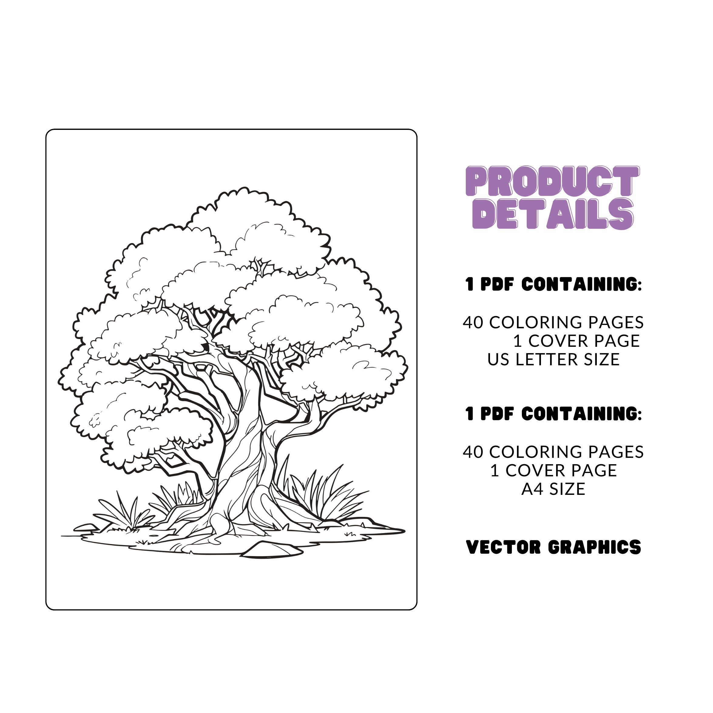 Tree Coloring Pages Printable Nature Plant Coloring Book for Adults ...