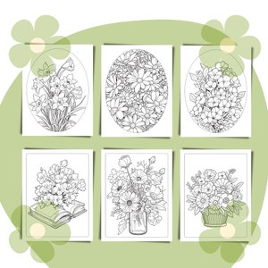 May include: Six black and white coloring pages featuring different floral arrangements. Each page features a different bouquet of flowers, including daffodils, daisies, and roses.