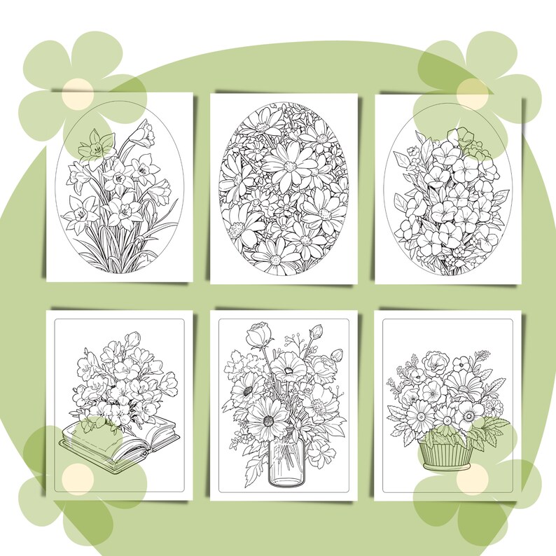 May include: Six black and white coloring pages featuring different floral arrangements. Each page features a different bouquet of flowers, including daffodils, daisies, and roses.