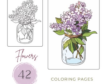 Flower Coloring Book: 42 Botanical Pages for Adults (PDF Digital Download)