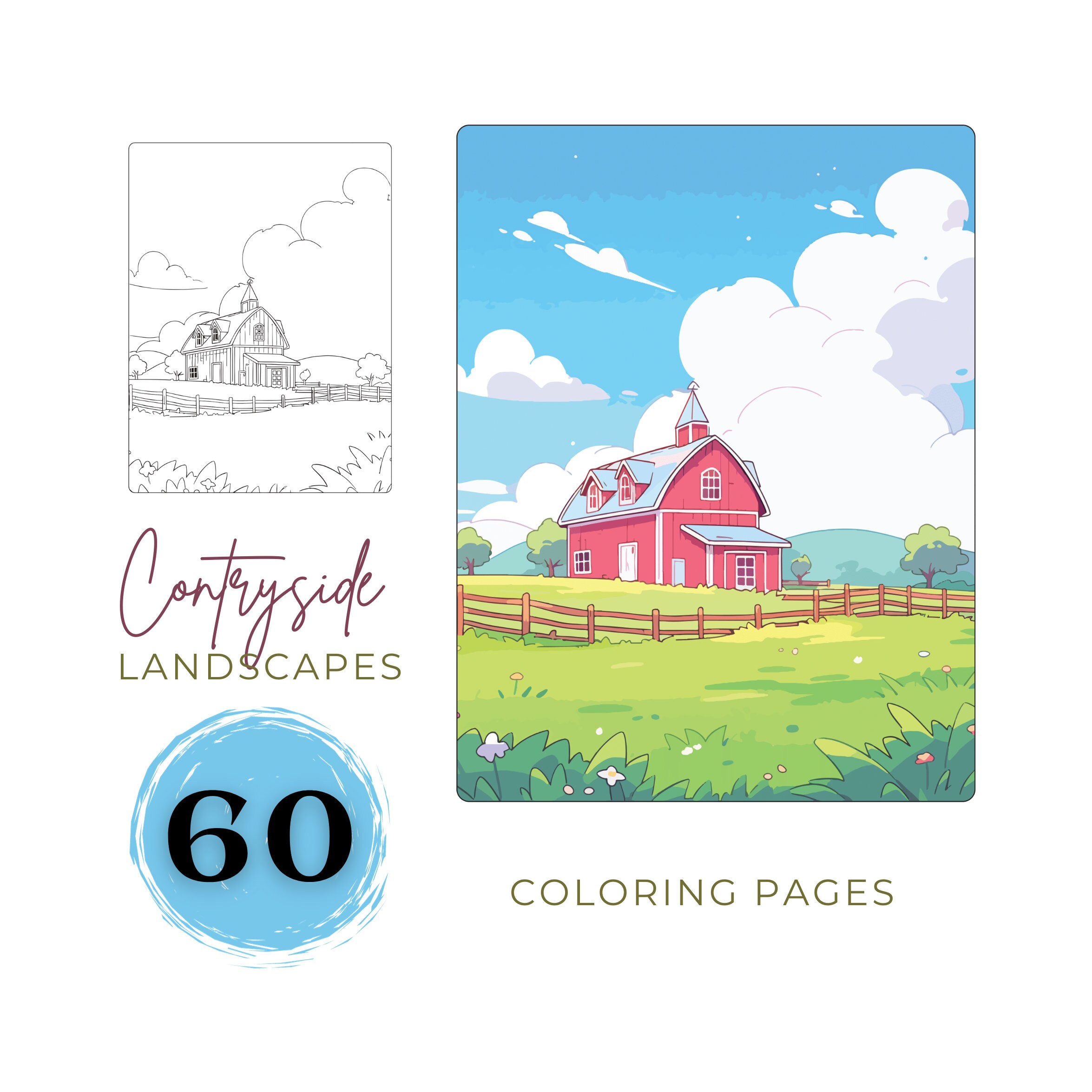 Landscape Coloring Pages Printable Countryside Coloring Book for Adults ...
