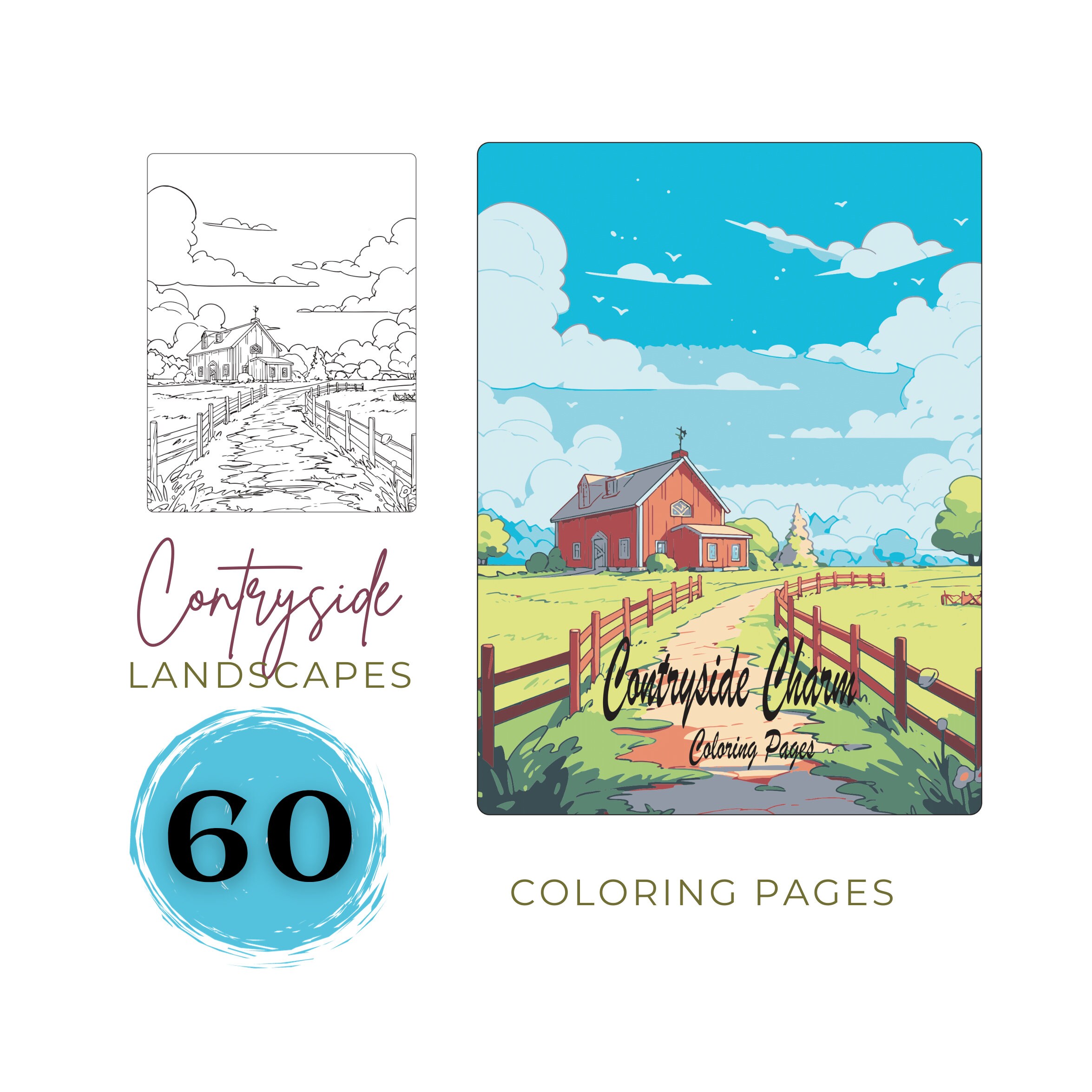 Landscape Coloring Pages Printable Countryside Coloring Book for Adults ...
