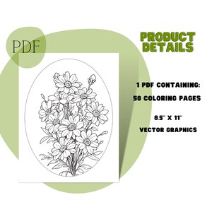 May include: Black and white line art illustration of a bouquet of flowers in a circular frame. The image is part of a printable coloring book with 50 pages, 8.5 inches by 11 inches.