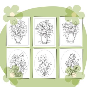 May include: Six black and white line drawings of different flower arrangements. The first row shows three arrangements of flowers in vases. The second row shows three arrangements of flowers without vases.