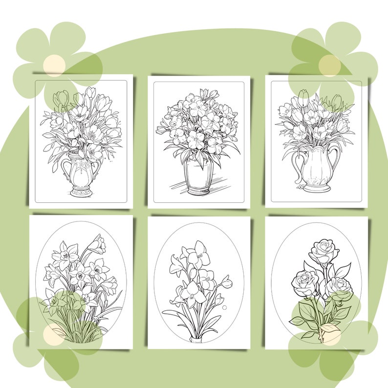 May include: Six black and white line drawings of different flower arrangements. The first row shows three arrangements of flowers in vases. The second row shows three arrangements of flowers without vases.