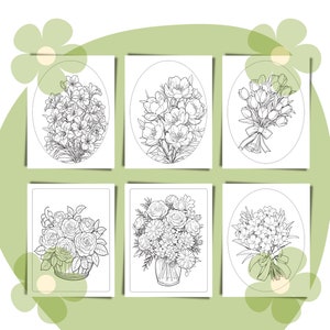 May include: Six black and white line drawings of different flower arrangements. Each drawing is framed with a white border and set against a light green background.