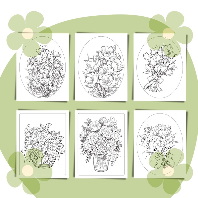 May include: Six black and white line drawings of different flower arrangements. Each drawing is framed with a white border and set against a light green background.