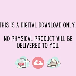 May include: This is a digital download only. No physical product will be delivered to you. The image shows a PDF document icon, a cloud download icon, and a printer icon.