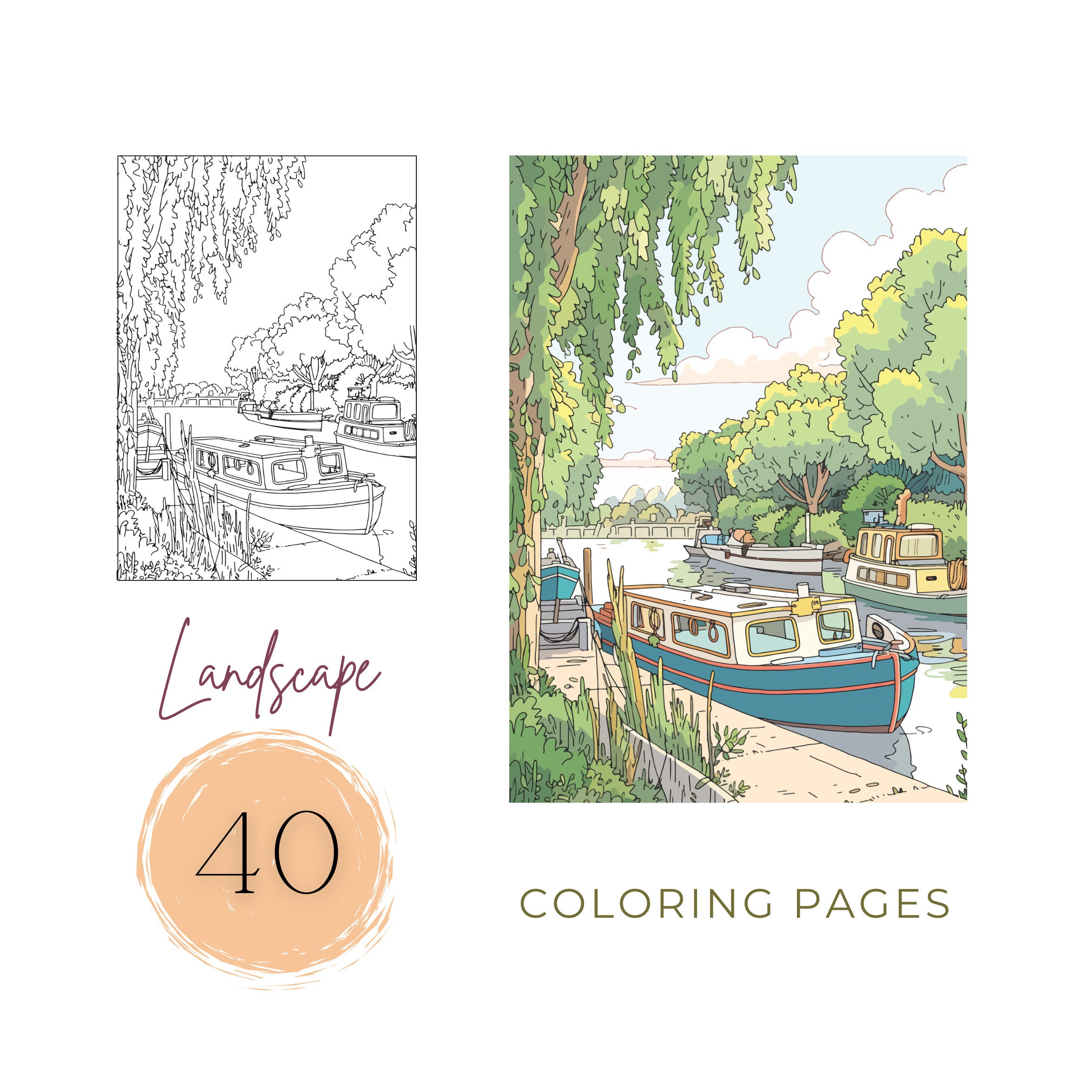 Landscape Coloring Pages Printable Nature Coloring Book for Adults Relaxing Activity Landscape ...
