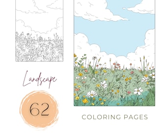 Landscape Coloring Pages Printable Nature Coloring Book For Adults Relaxing Activity Landscape PDF Black And White Coloring Digital Download